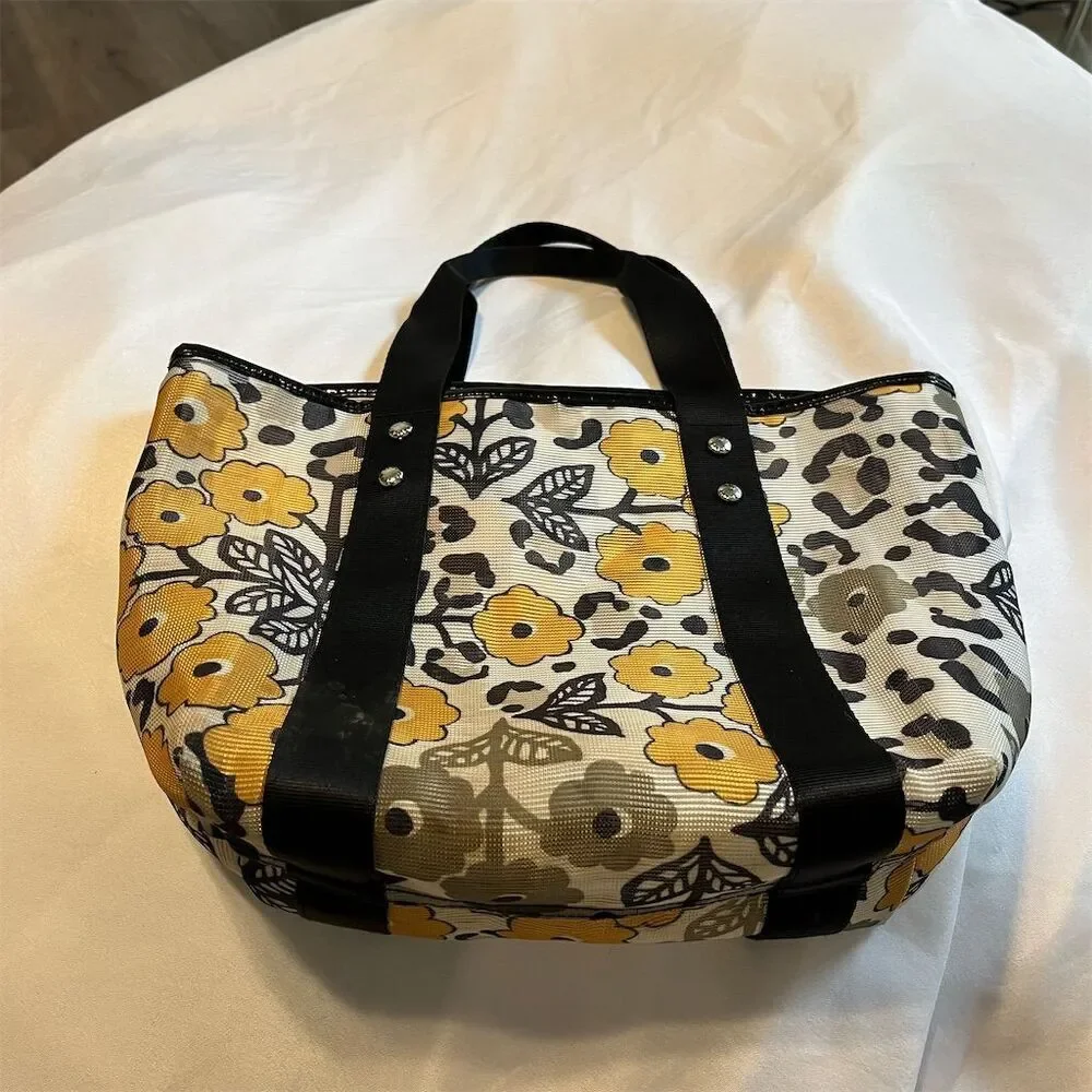 Vera Bradley Go Wild Mesh Tote Bag Floral Zip Pocket Black White Yellow